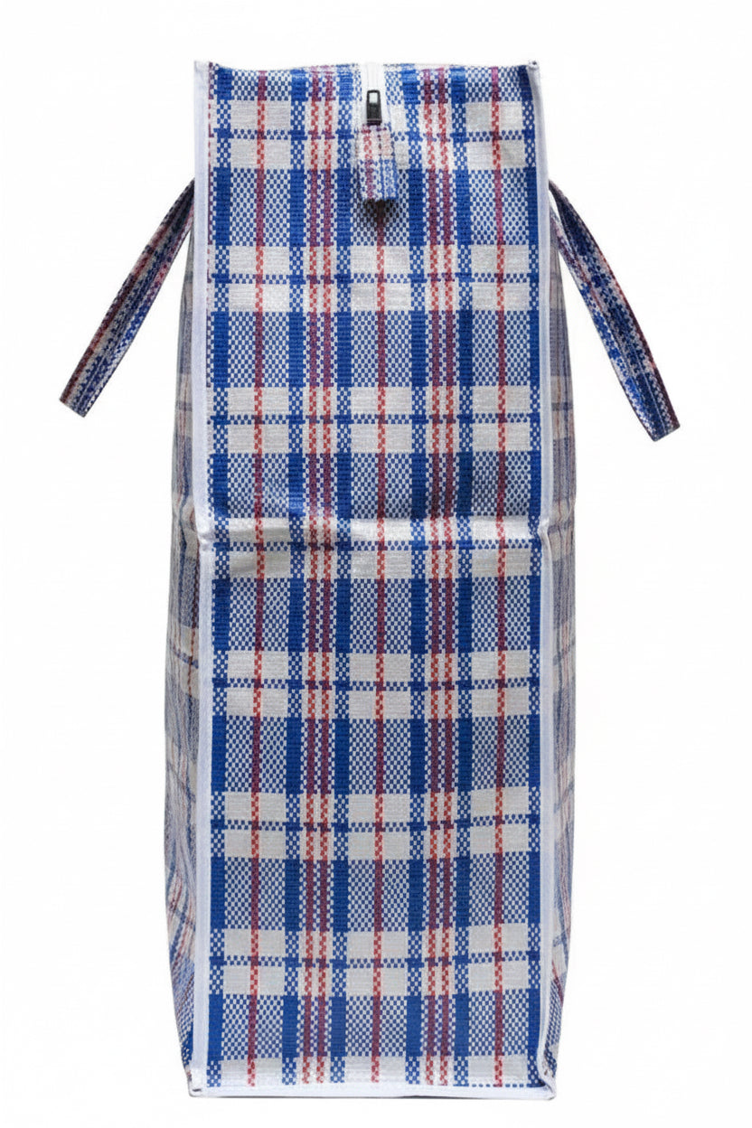 A large zippered storage tote bag with a blue, red, and white plaid pattern, featuring two integrated carrying handles.